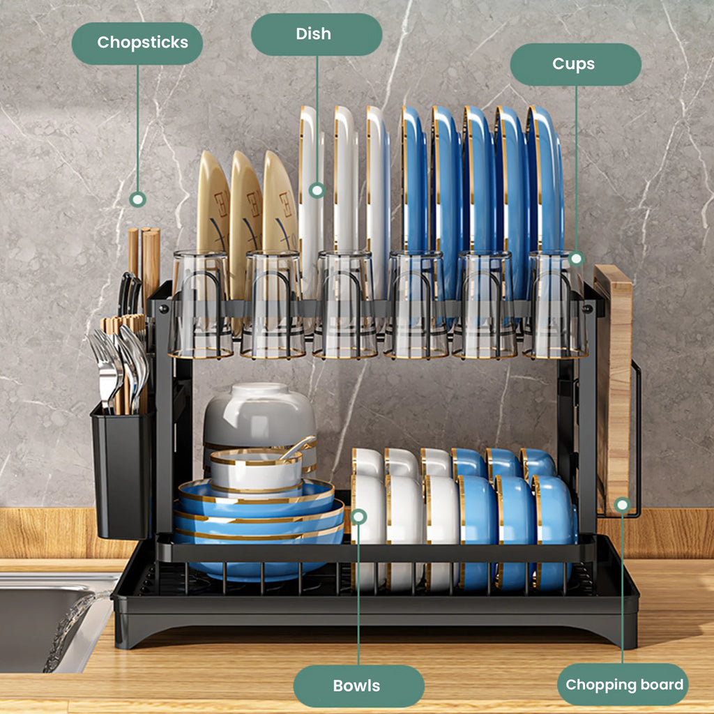 2 Tier Dish Drying Rack Self Draining Kitchen Bowl Storage Rack With Drainboard Carbon Steel Tableware Drain
