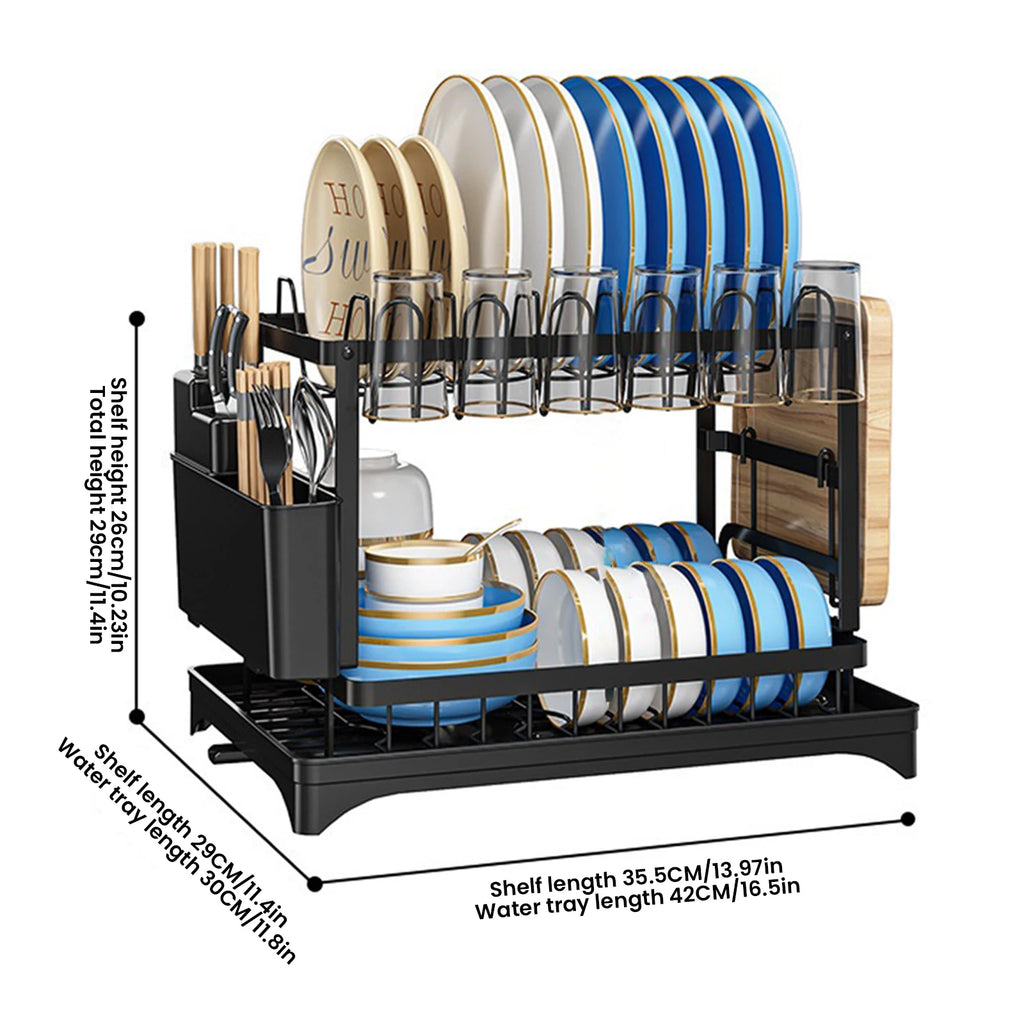 2 Tier Dish Drying Rack Self Draining Kitchen Bowl Storage Rack With Drainboard Carbon Steel Tableware Drain