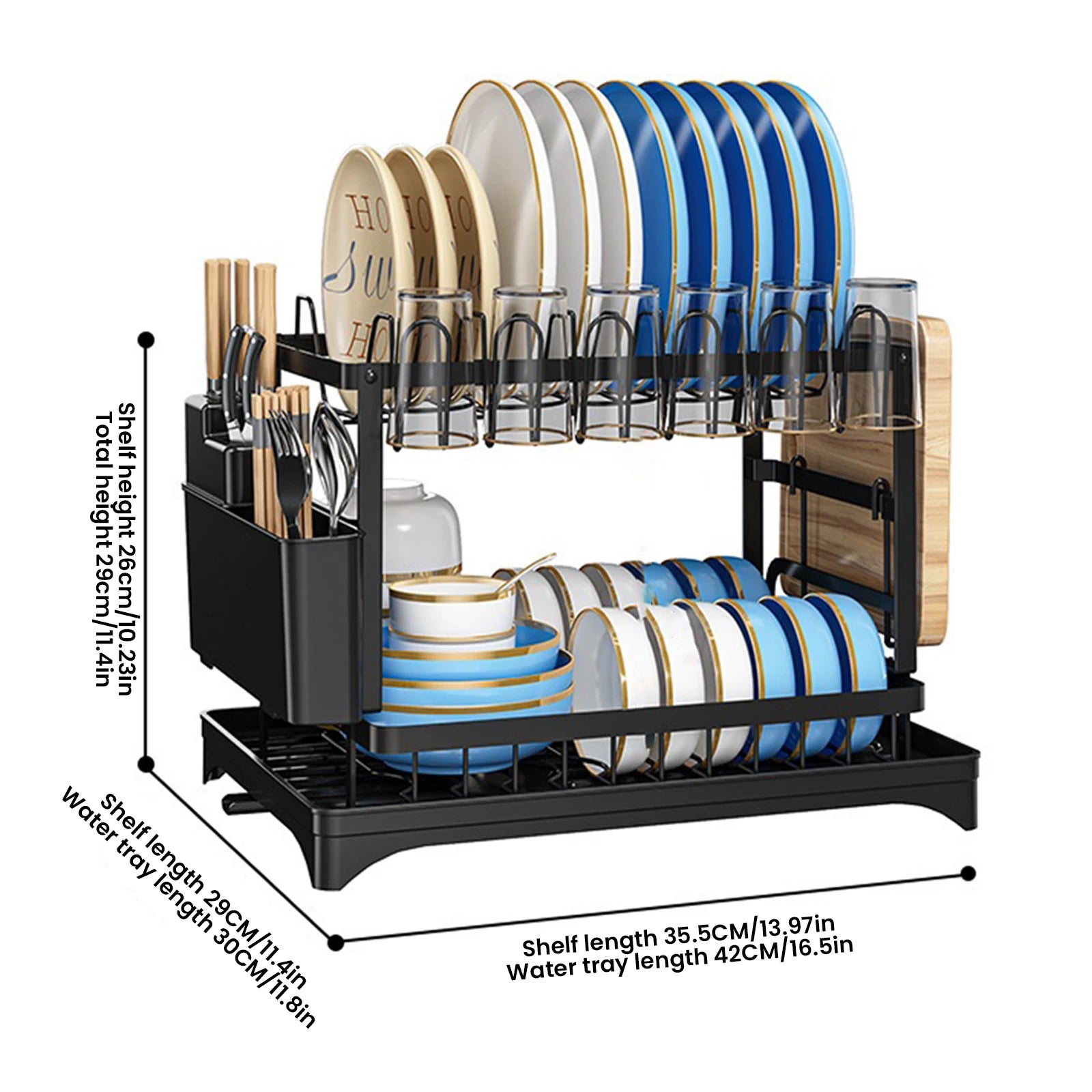 2 Tier Dish Drying Rack Self Draining Kitchen Bowl Storage Rack With Drainboard Carbon Steel Tableware Drain