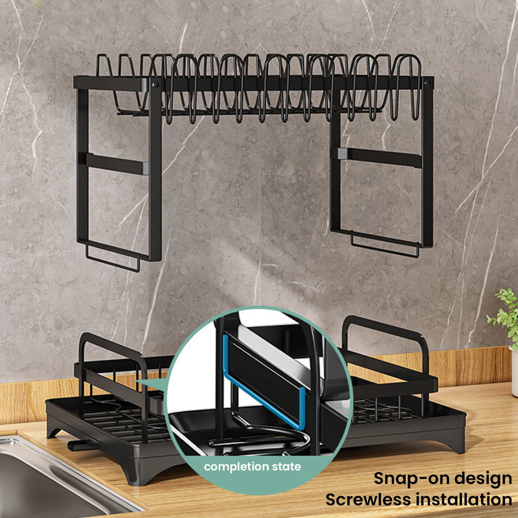 2 Tier Dish Drying Rack Self Draining Kitchen Bowl Storage Rack With Drainboard Carbon Steel Tableware Drain