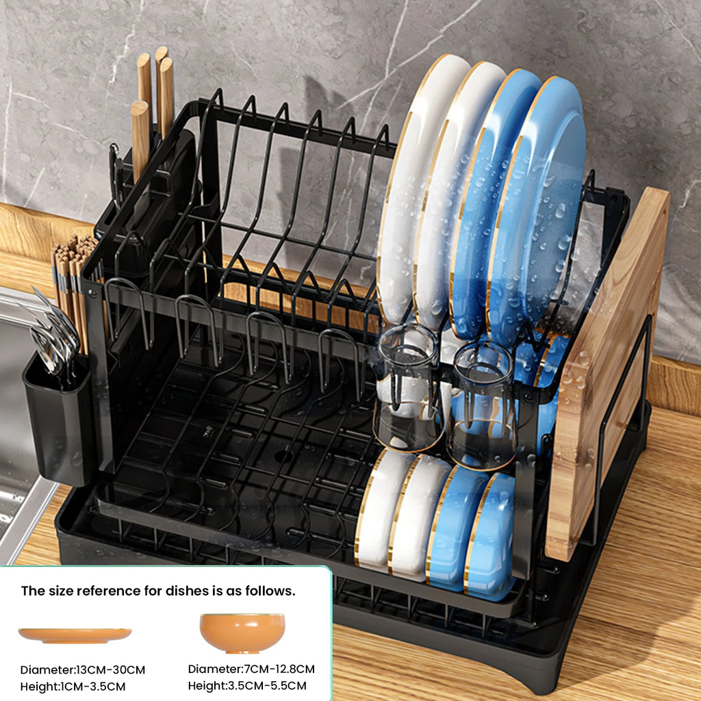 2 Tier Dish Drying Rack Self Draining Kitchen Bowl Storage Rack With Drainboard Carbon Steel Tableware Drain