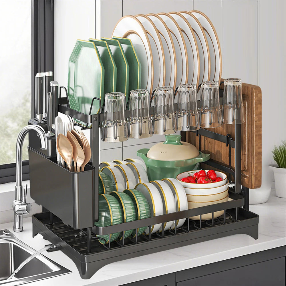 2 Tier Dish Drying Rack Self Draining Kitchen Bowl Storage Rack With Drainboard Carbon Steel Tableware Drain