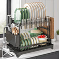 2 Tier Dish Drying Rack Self Draining Kitchen Bowl Storage Rack With Drainboard Carbon Steel Tableware Drain