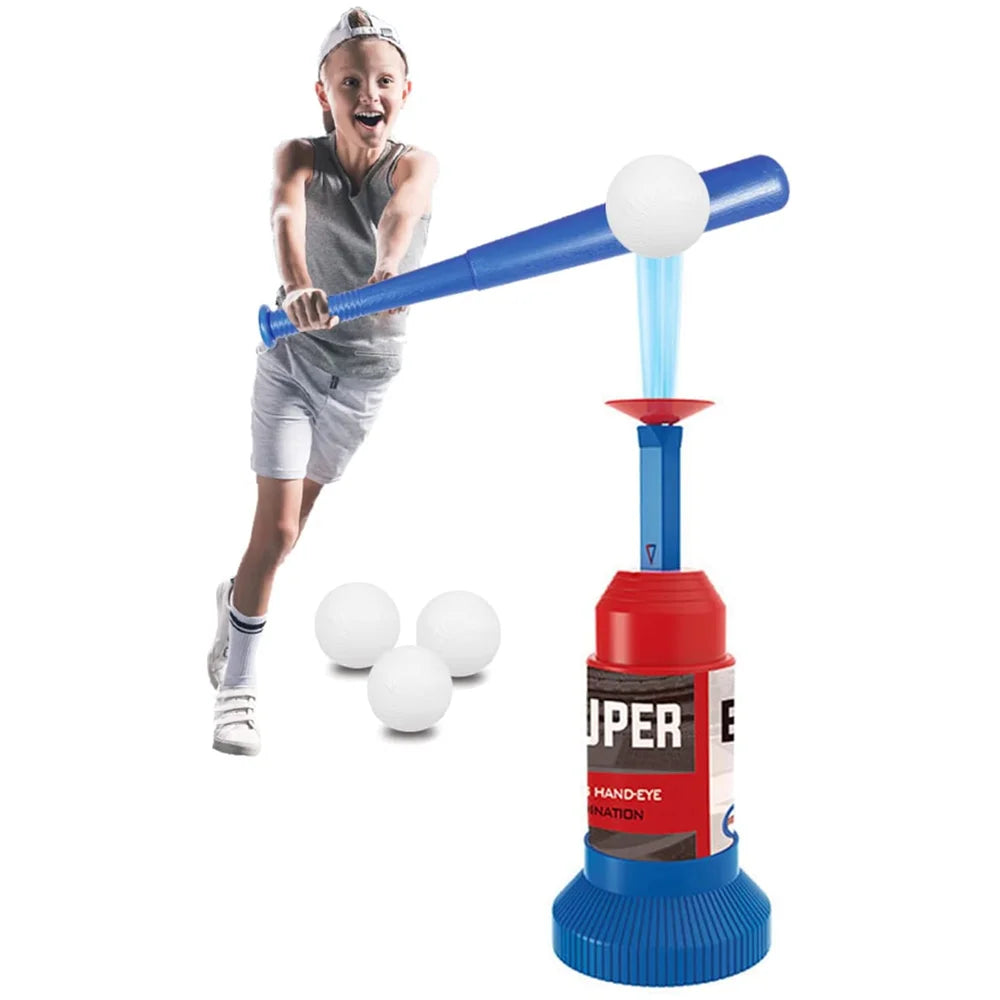 Sport Baseball Toy T-Ball Pitching Machine with 3 Plastic Balls 1 Bat and Ball Launcher Kids Outdoor Play Exercise Batting Skill