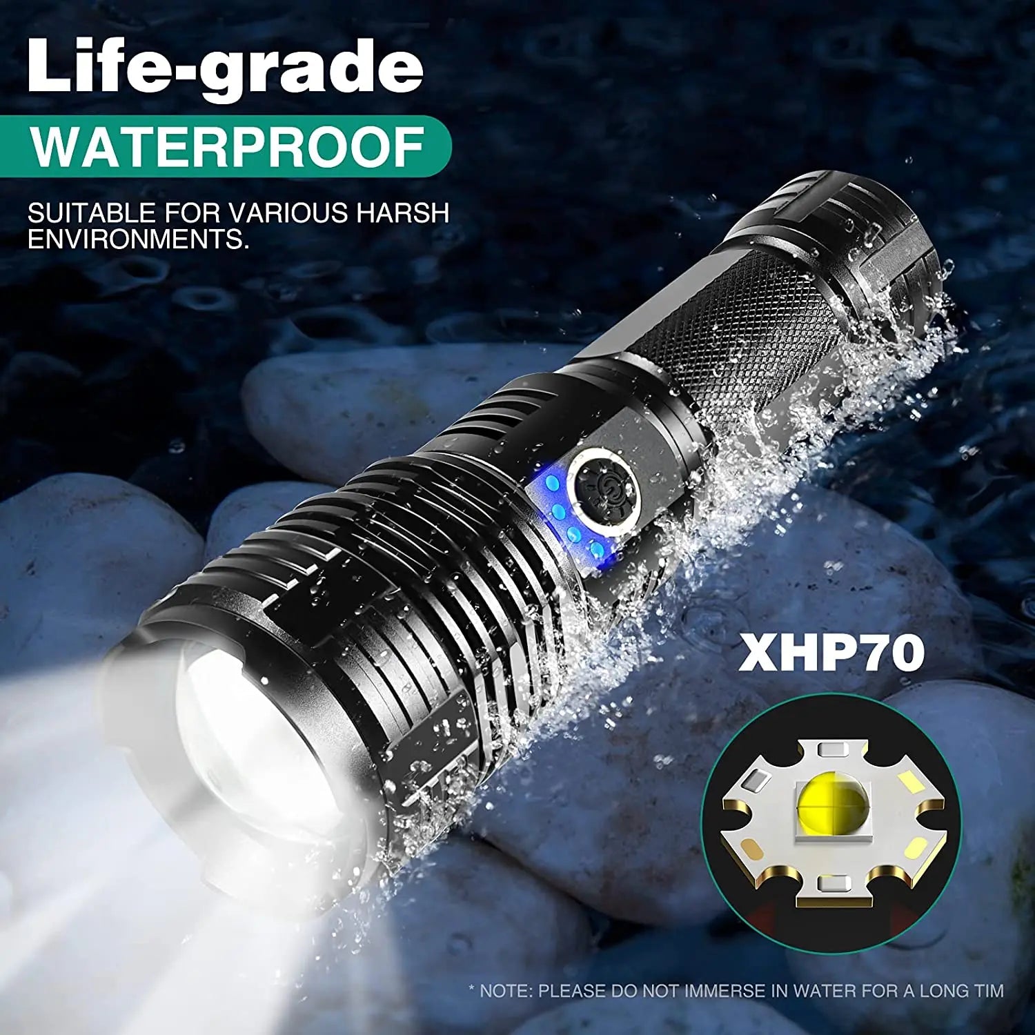 XHP70 Led Flashlight 5 Modes Flashlight Zoomable IPX5 Waterproof USB Charging Torch Light 90000 Lumen for Outdoor Camping