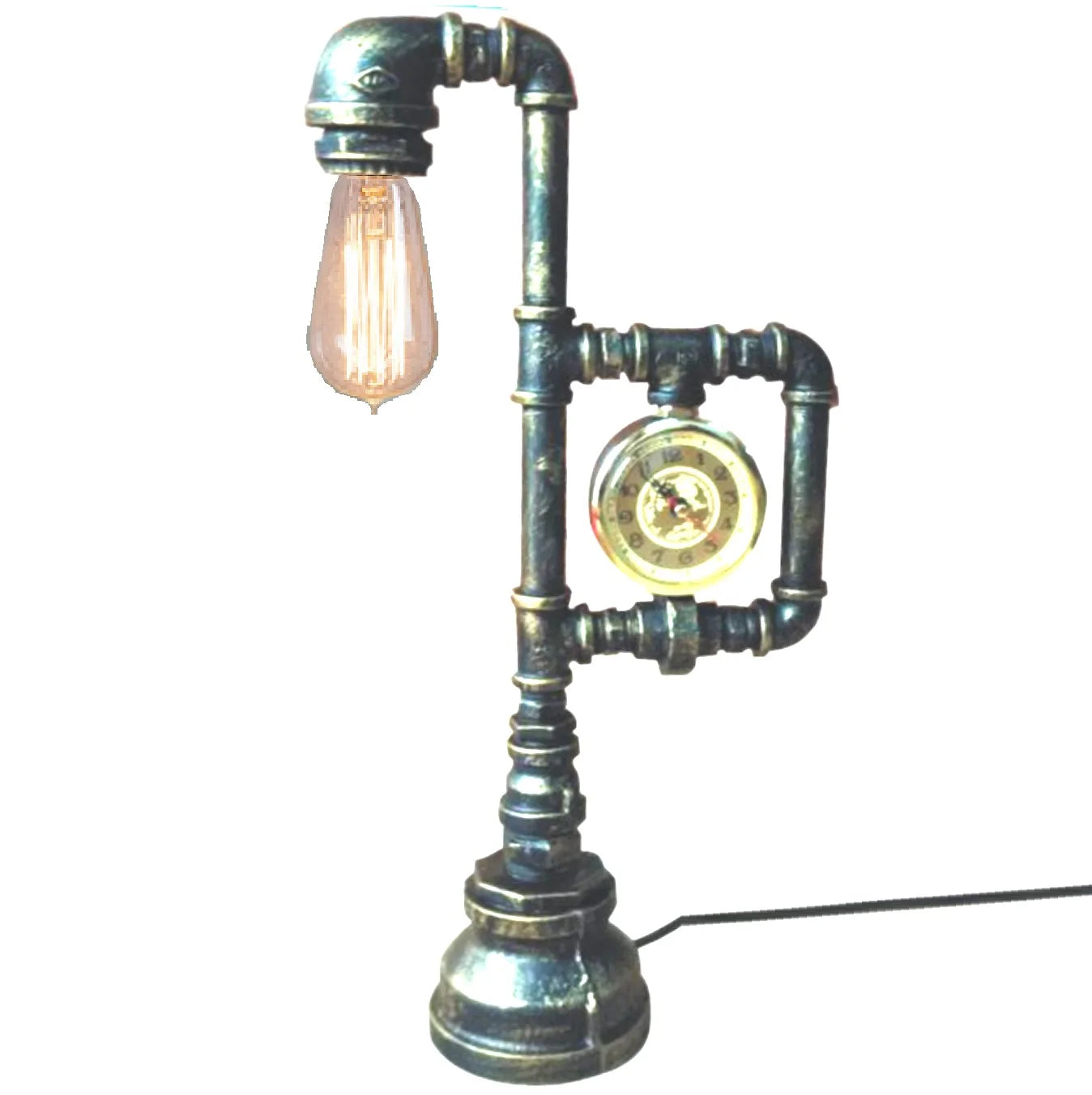 Retro Industrial Water Pipe Polished Brass Finish Desk Lamp with Sturdy Base and Large Lightbulb Cone
