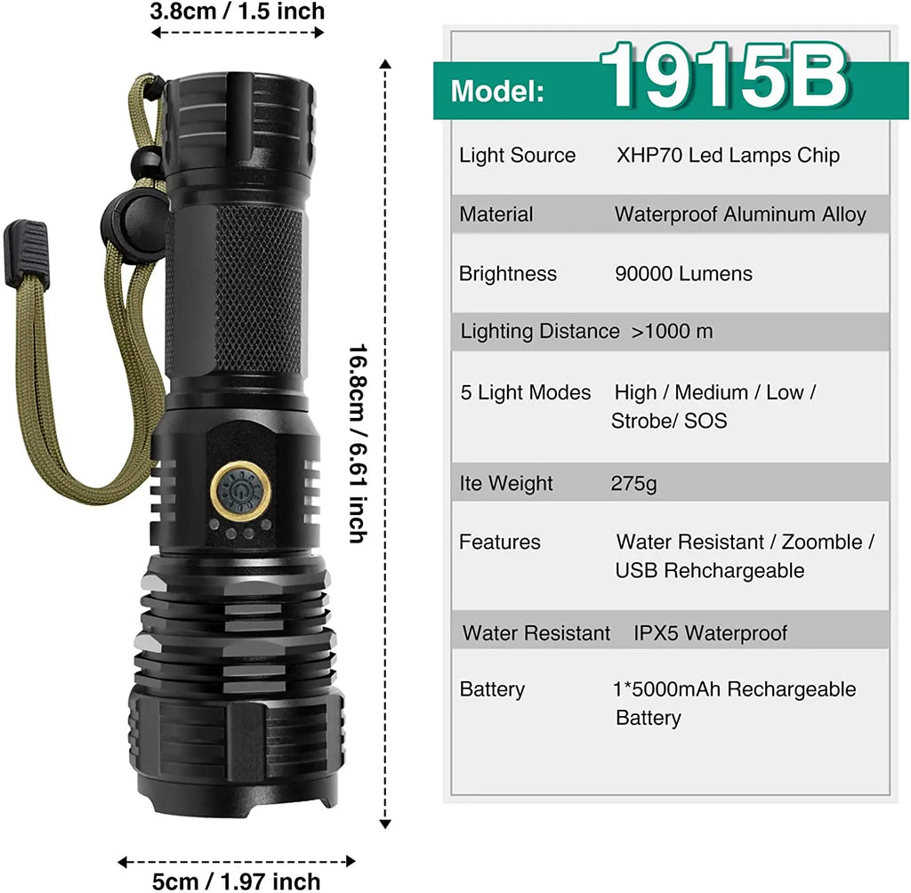 XHP70 Led Flashlight 5 Modes Flashlight Zoomable IPX5 Waterproof USB Charging Torch Light 90000 Lumen for Outdoor Camping