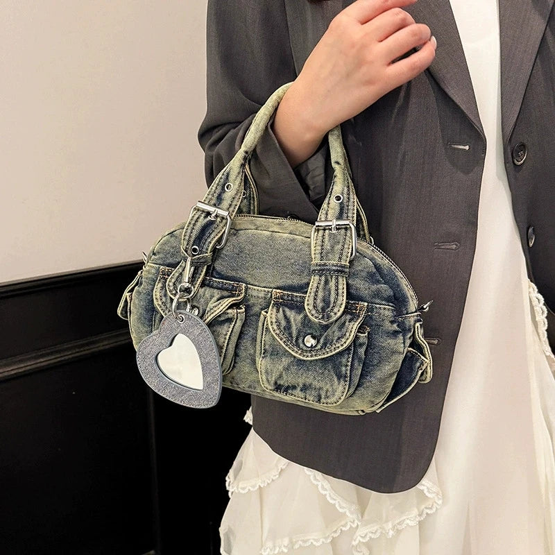 Women's Denim Bag Y2K Vintage Grey Jean Purse and Handbags Crossbody Shoulder Bags Retro Large Capacity Totes With Heart Mirror