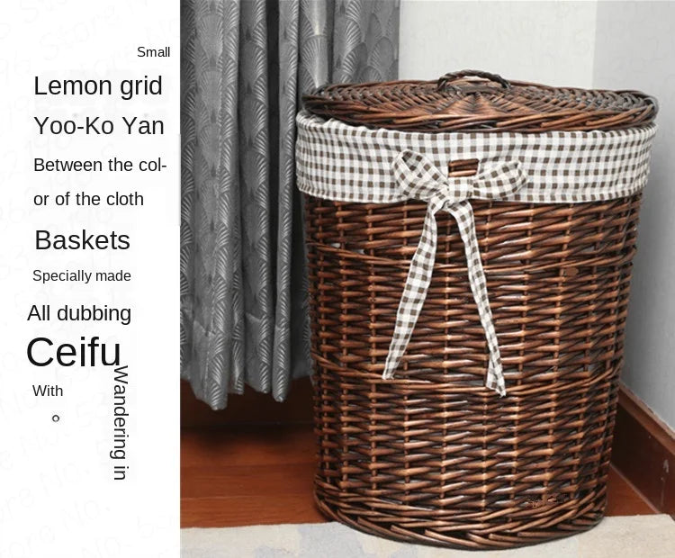 Rattan Hamper Stylish Laundry Basket with Lid for Home Weaving Decorative Storage Bin Woven Clothes Holder