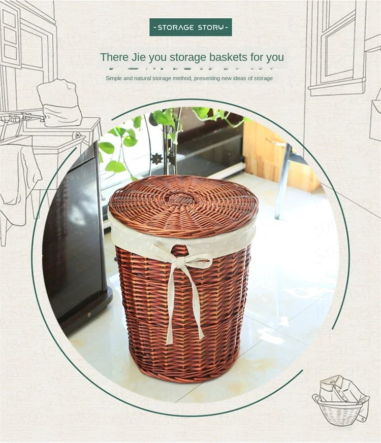 Rattan Hamper Stylish Laundry Basket with Lid for Home Weaving Decorative Storage Bin Woven Clothes Holder
