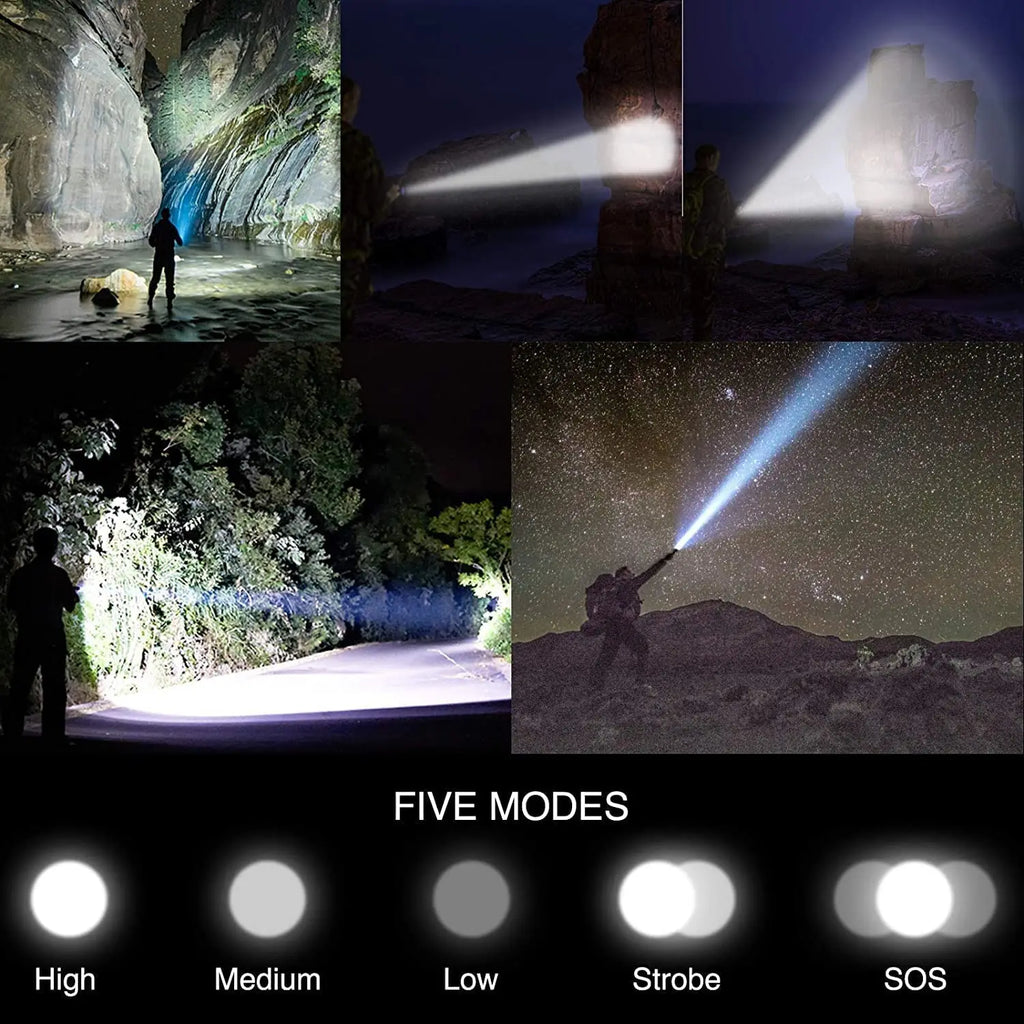 XHP70 Led Flashlight 5 Modes Flashlight Zoomable IPX5 Waterproof USB Charging Torch Light 90000 Lumen for Outdoor Camping