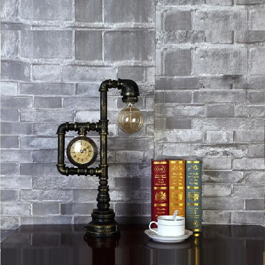 Retro Industrial Water Pipe Polished Brass Finish Desk Lamp with Sturdy Base and Large Lightbulb Cone