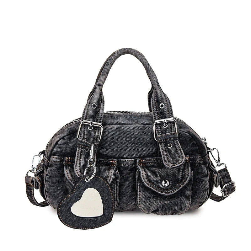 Women's Denim Bag Y2K Vintage Grey Jean Purse and Handbags Crossbody Shoulder Bags Retro Large Capacity Totes With Heart Mirror