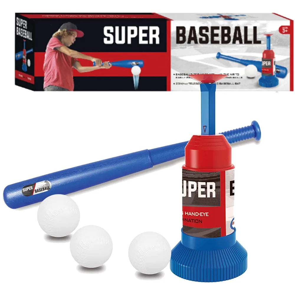 Sport Baseball Toy T-Ball Pitching Machine with 3 Plastic Balls 1 Bat and Ball Launcher Kids Outdoor Play Exercise Batting Skill