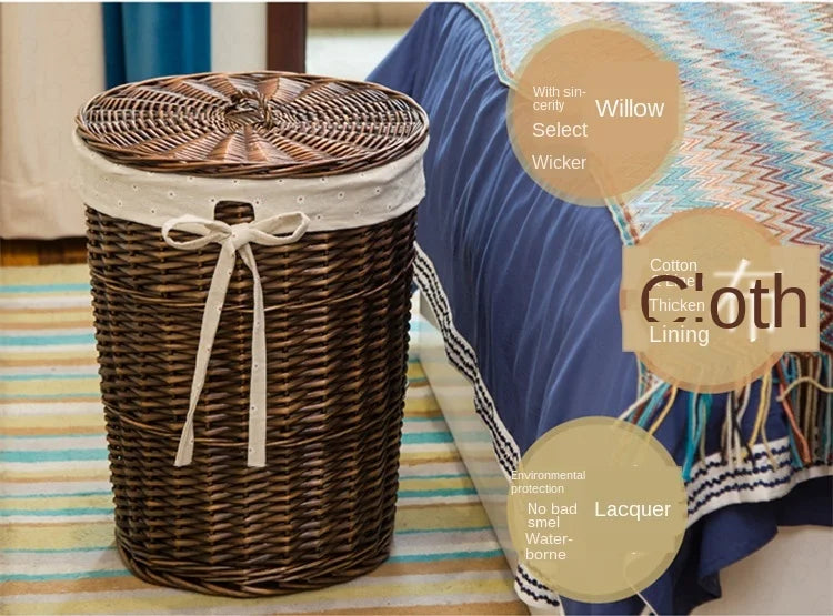 Rattan Hamper Stylish Laundry Basket with Lid for Home Weaving Decorative Storage Bin Woven Clothes Holder