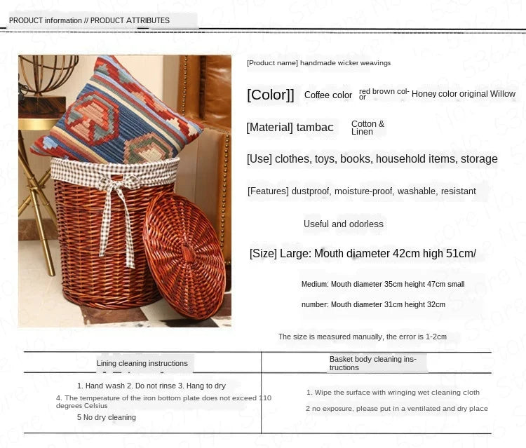 Rattan Hamper Stylish Laundry Basket with Lid for Home Weaving Decorative Storage Bin Woven Clothes Holder