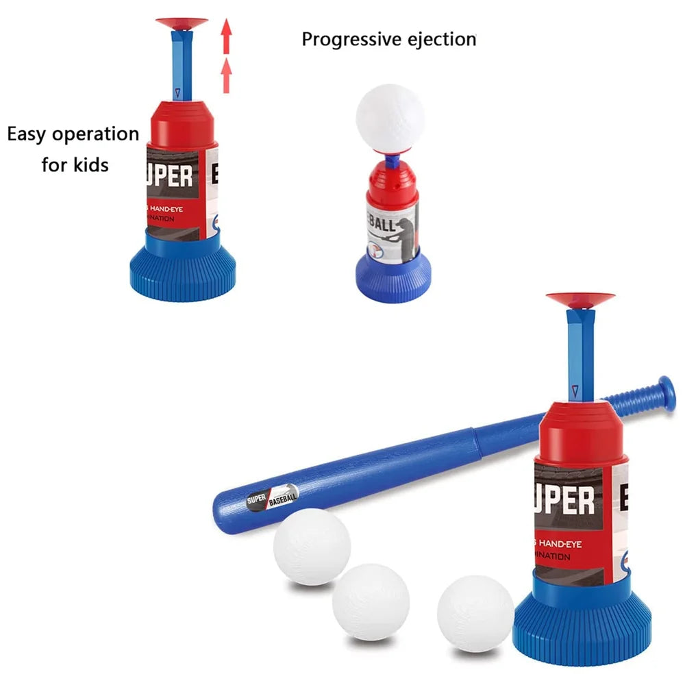 Sport Baseball Toy T-Ball Pitching Machine with 3 Plastic Balls 1 Bat and Ball Launcher Kids Outdoor Play Exercise Batting Skill