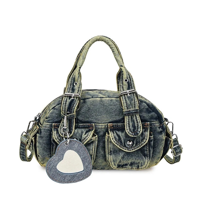 Women's Denim Bag Y2K Vintage Grey Jean Purse and Handbags Crossbody Shoulder Bags Retro Large Capacity Totes With Heart Mirror