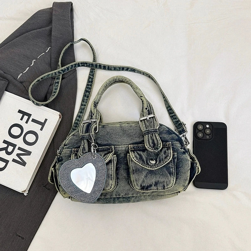 Women's Denim Bag Y2K Vintage Grey Jean Purse and Handbags Crossbody Shoulder Bags Retro Large Capacity Totes With Heart Mirror