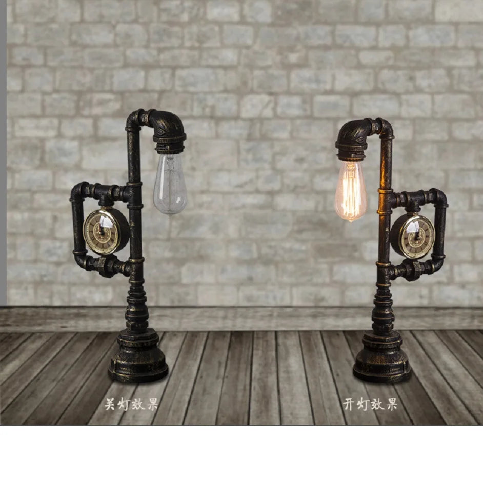Retro Industrial Water Pipe Polished Brass Finish Desk Lamp with Sturdy Base and Large Lightbulb Cone