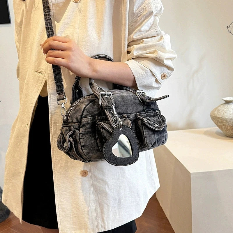 Women's Denim Bag Y2K Vintage Grey Jean Purse and Handbags Crossbody Shoulder Bags Retro Large Capacity Totes With Heart Mirror