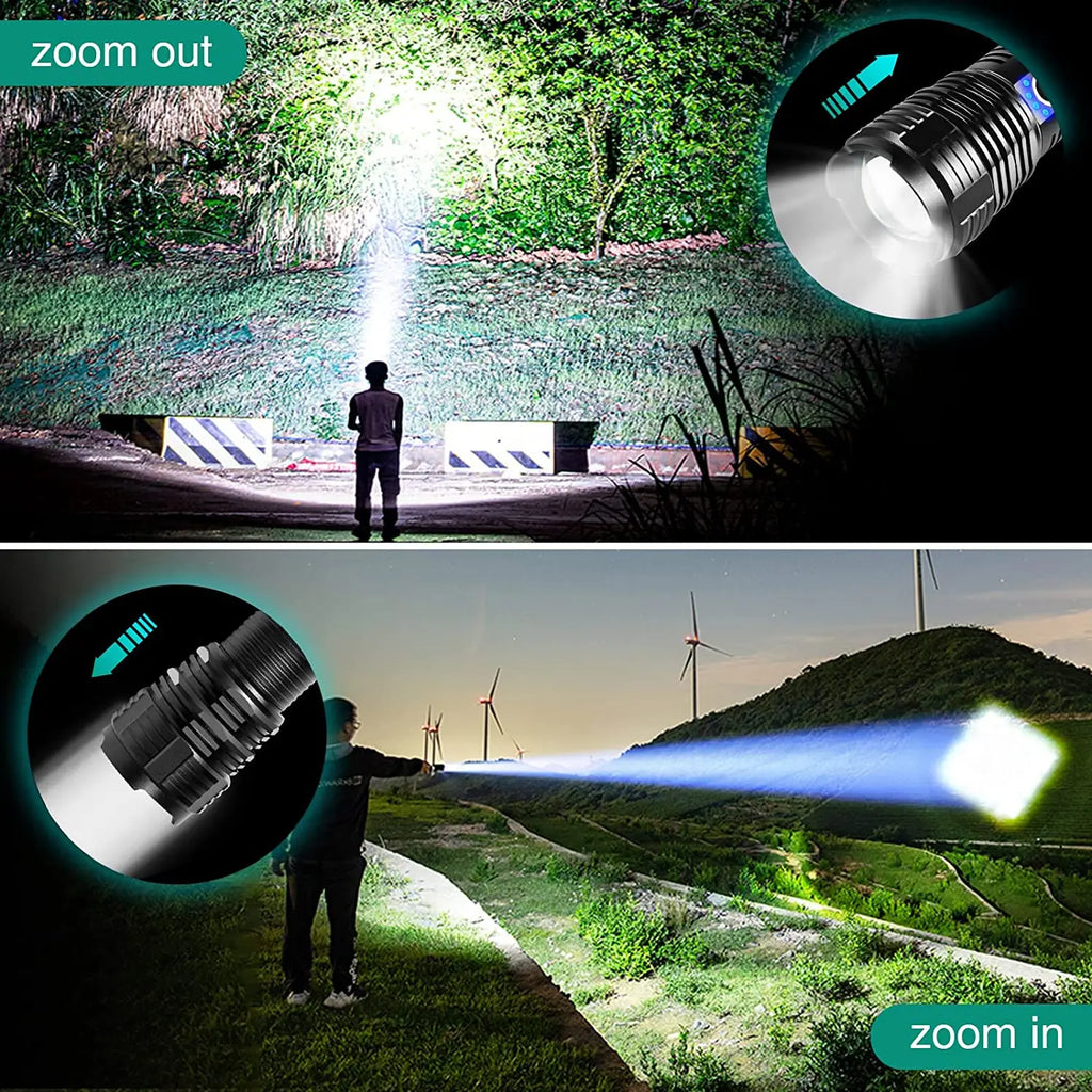 XHP70 Led Flashlight 5 Modes Flashlight Zoomable IPX5 Waterproof USB Charging Torch Light 90000 Lumen for Outdoor Camping