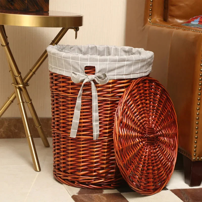 Rattan Hamper Stylish Laundry Basket with Lid for Home Weaving Decorative Storage Bin Woven Clothes Holder