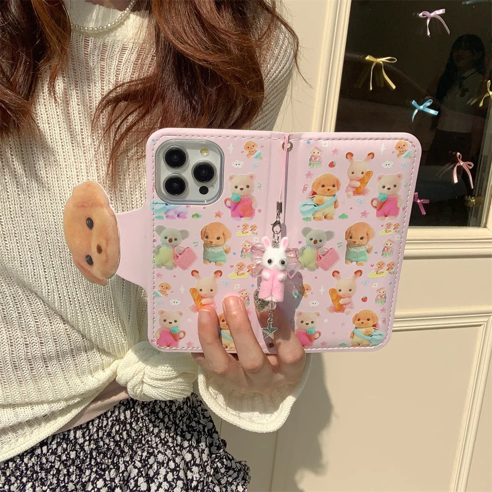 Cute Cartoon Animal Phone Case Korean Style Leather Flip Cover Anti-Fall Protection for  17 iPhone 16 pro Max New Model ...