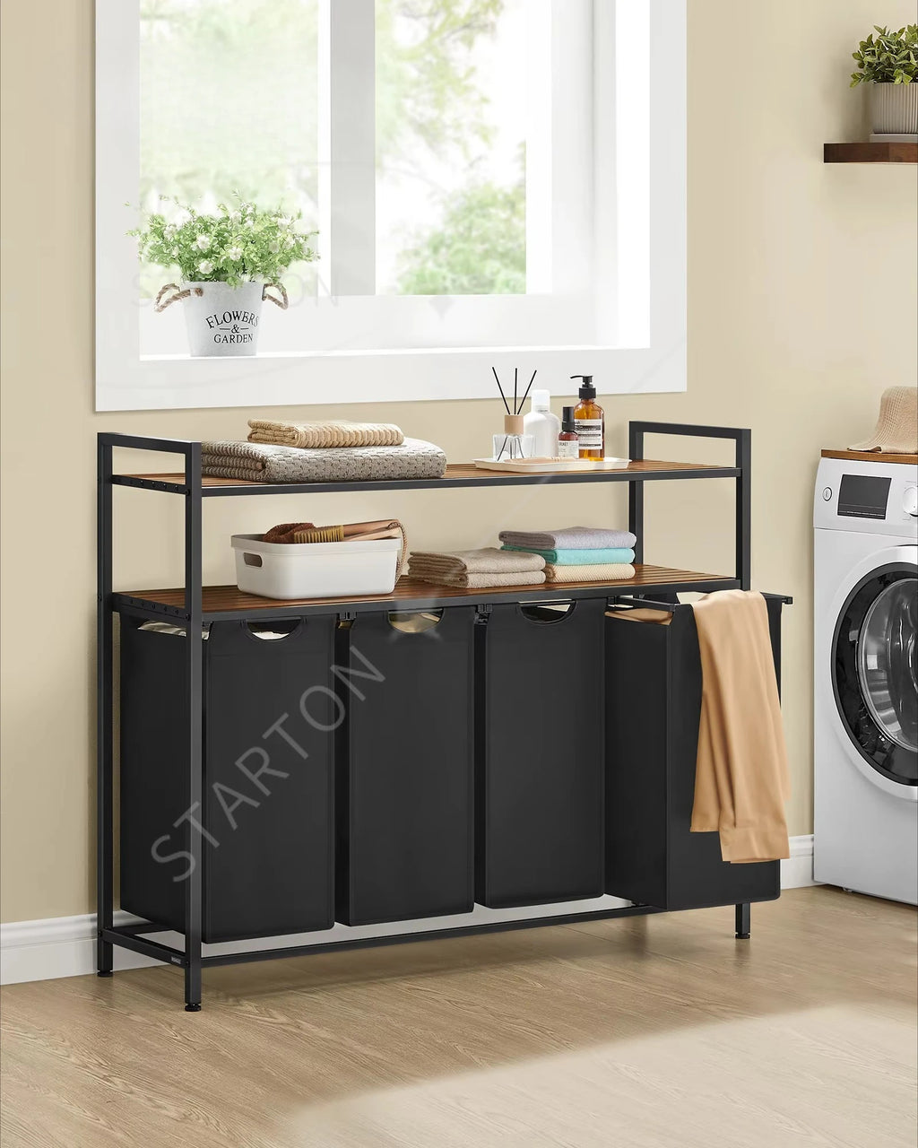 Laundry Hamper with 4 Pull-Out and Removable Laundry Bags Laundry Basket with Shelf