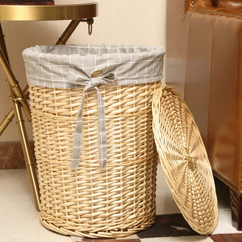 Rattan Hamper Stylish Laundry Basket with Lid for Home Weaving Decorative Storage Bin Woven Clothes Holder