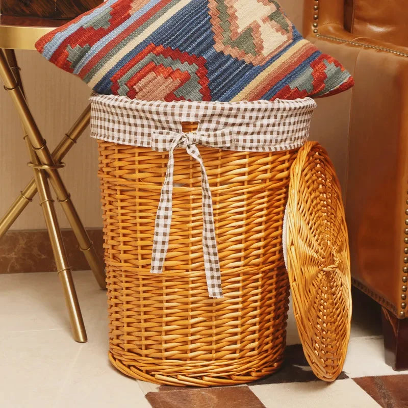 Rattan Hamper Stylish Laundry Basket with Lid for Home Weaving Decorative Storage Bin Woven Clothes Holder