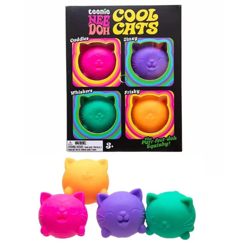 NeeDoh Teenie Cool Cats 4 Pack Adorable Mini Cat Fidget Toys Soft Squishy Stress Relief Sensory Squeeze Toys