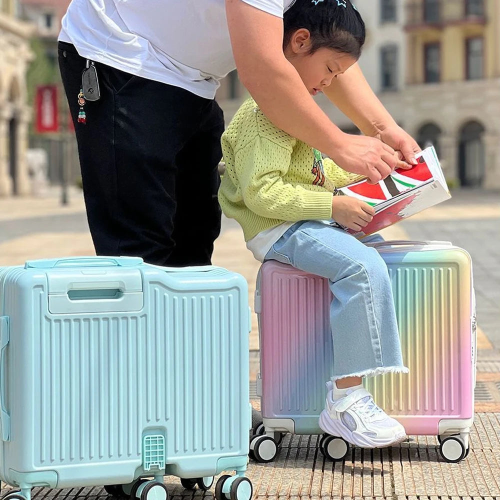 18"Hand Carry Luggage Portable Boarding Bagage 6 Wheels ZIPPER lock luggage Can Sit Down Kids Luggage