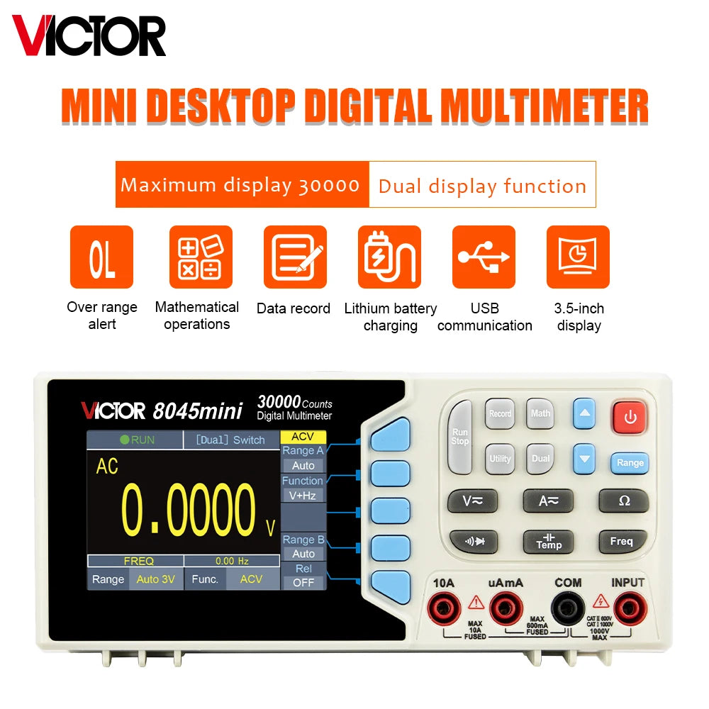 VICTMini Digital Multimeter 30000 Counts True RMS AC/DC 1000V Desktop Multimetro 300MHz Electrician Transistor Capacitance Test