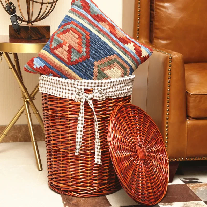 Rattan Hamper Stylish Laundry Basket with Lid for Home Weaving Decorative Storage Bin Woven Clothes Holder