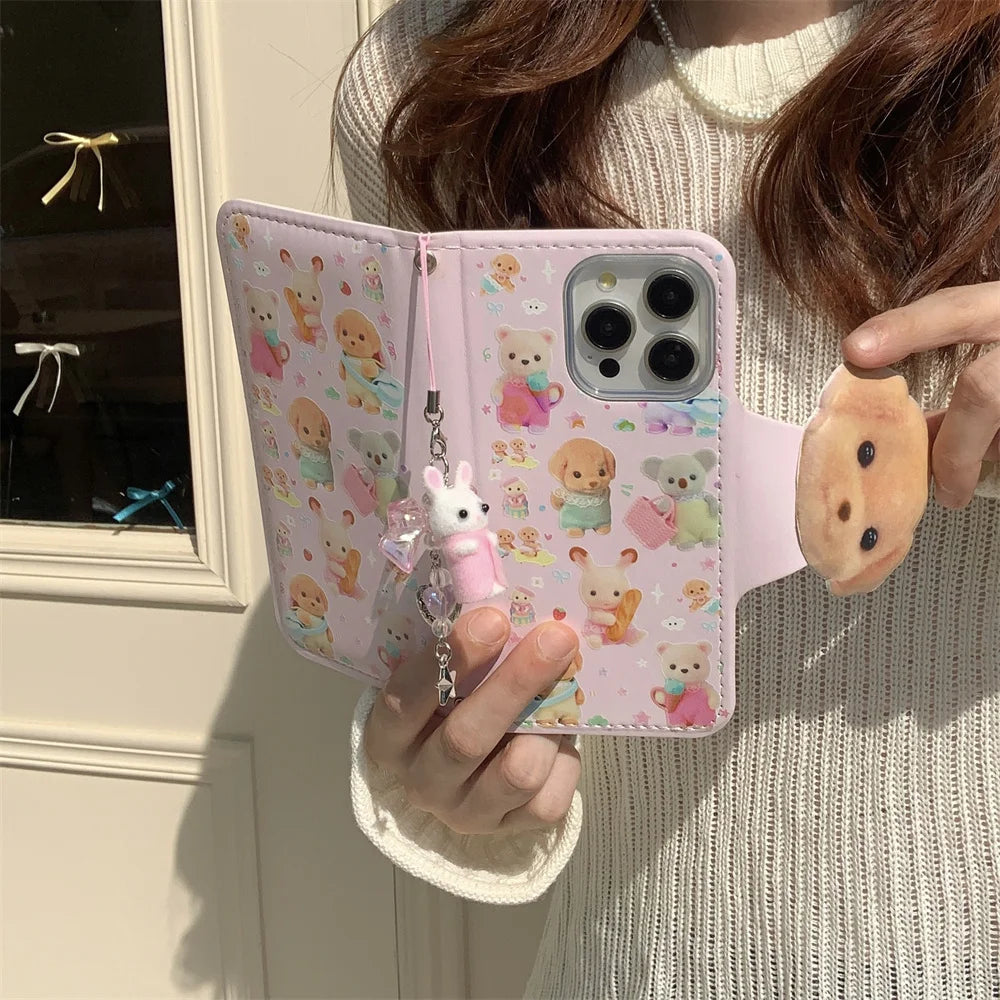 Cute Cartoon Animal Phone Case Korean Style Leather Flip Cover Anti-Fall Protection for  17 iPhone 16 pro Max New Model ...