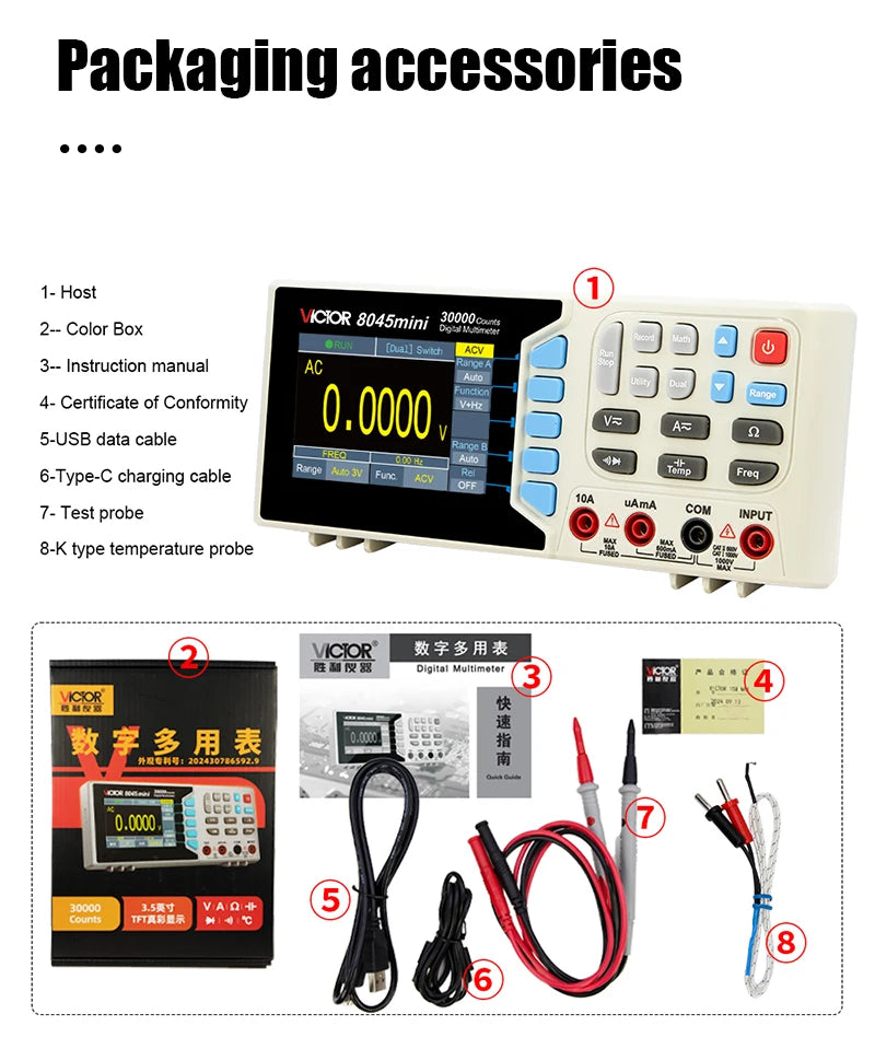 VICTMini Digital Multimeter 30000 Counts True RMS AC/DC 1000V Desktop Multimetro 300MHz Electrician Transistor Capacitance Test