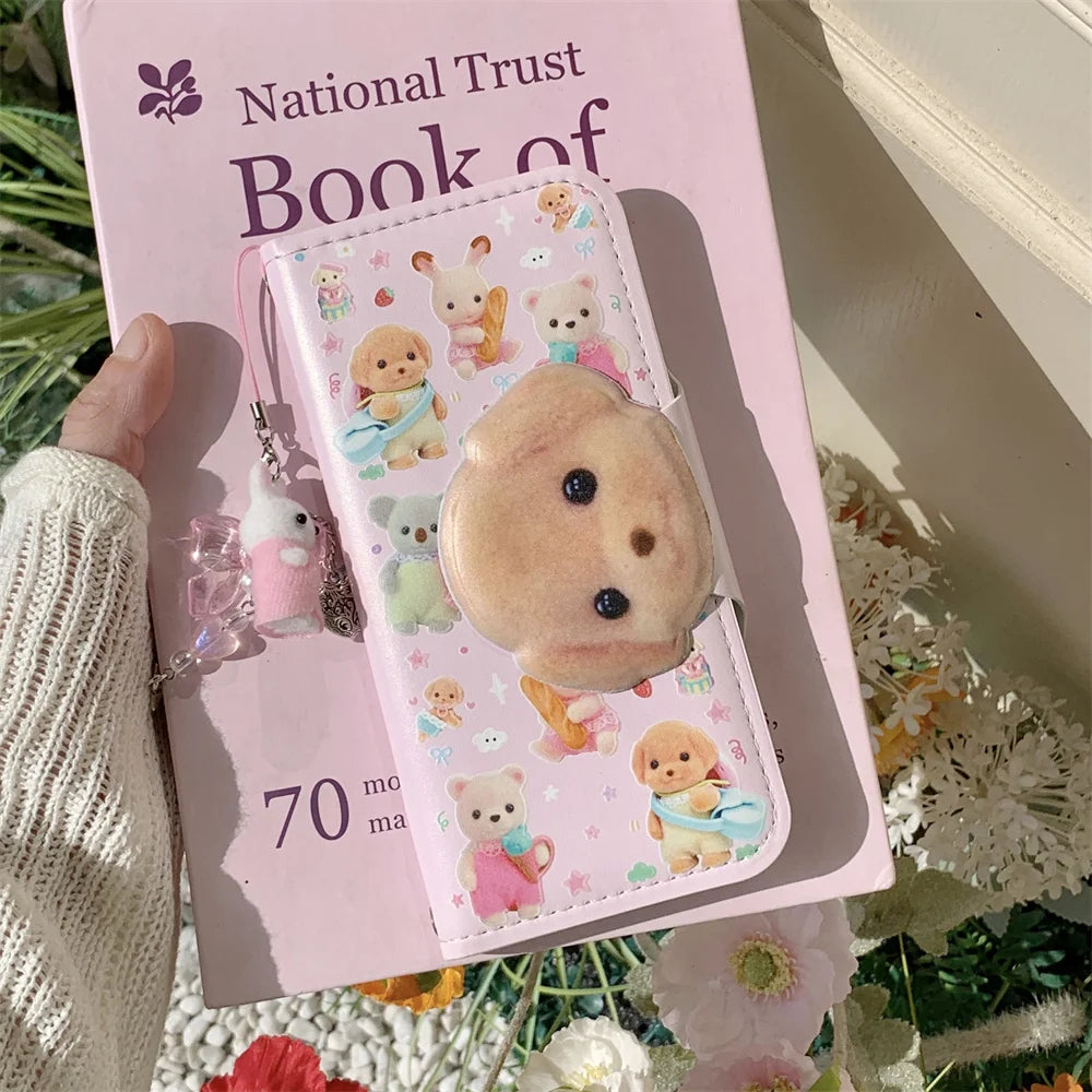 Cute Cartoon Animal Phone Case Korean Style Leather Flip Cover Anti-Fall Protection for  17 iPhone 16 pro Max New Model ...