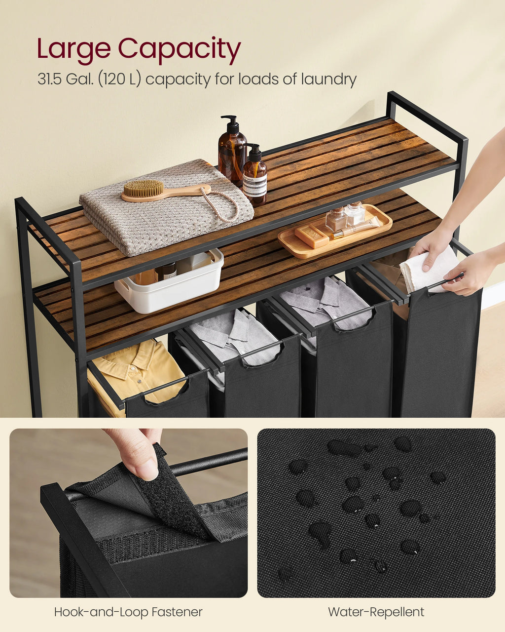 Laundry Hamper with 4 Pull-Out and Removable Laundry Bags Laundry Basket with Shelf