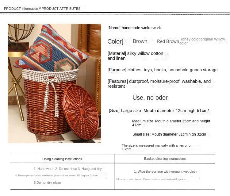 Rattan Hamper Stylish Laundry Basket with Lid for Home Weaving Decorative Storage Bin Woven Clothes Holder