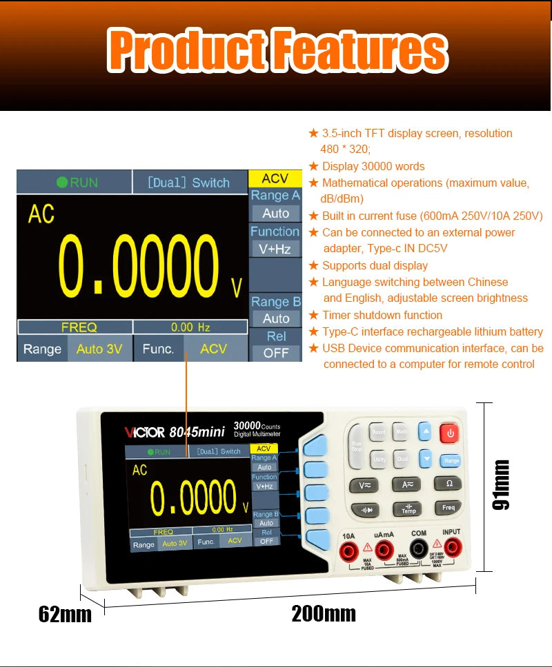 VICTMini Digital Multimeter 30000 Counts True RMS AC/DC 1000V Desktop Multimetro 300MHz Electrician Transistor Capacitance Test